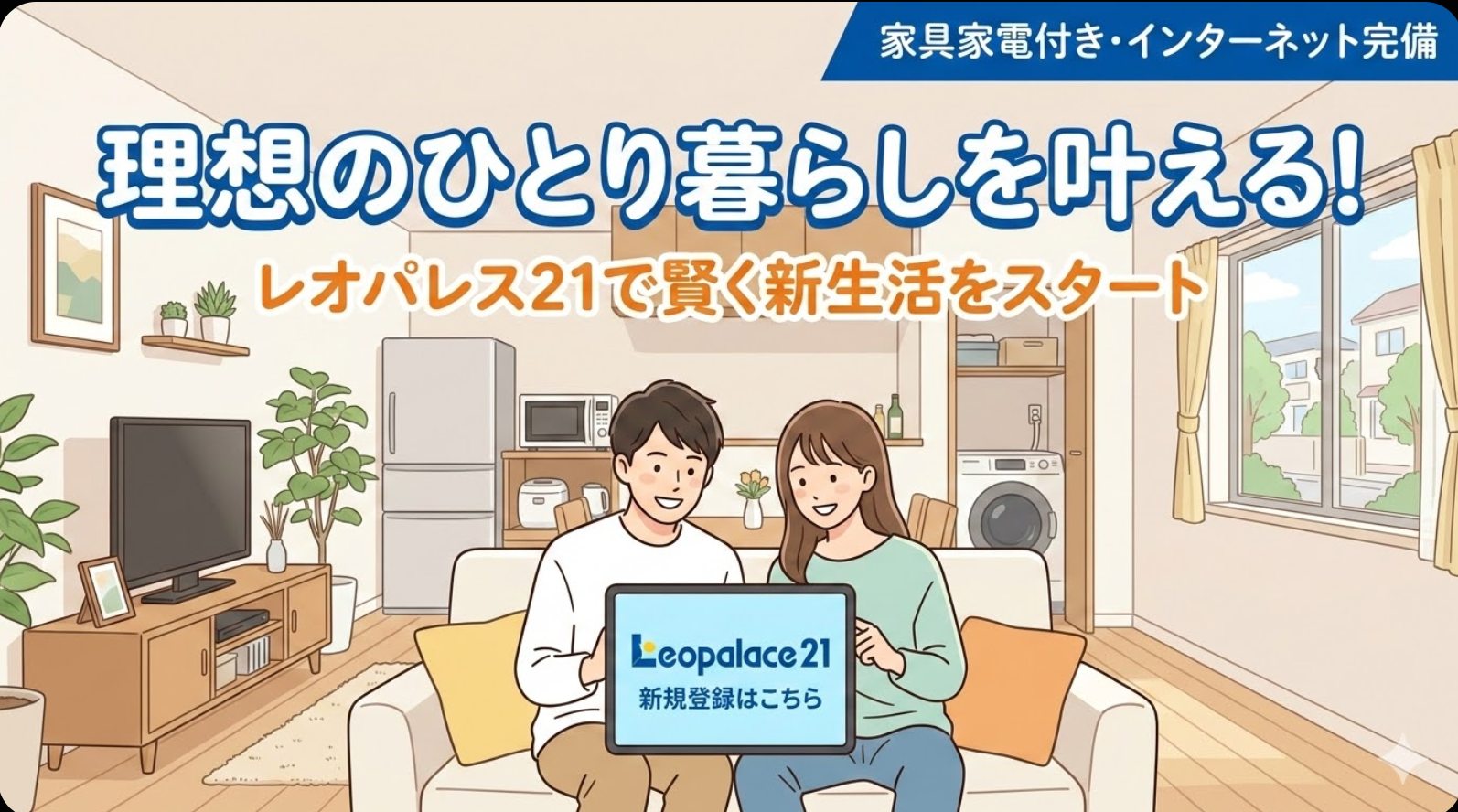 明るい室内でタブレットを見ながらレオパレス21の物件を探す男女。背景には家具家電が完備された清潔感のあるお部屋が描かれている。